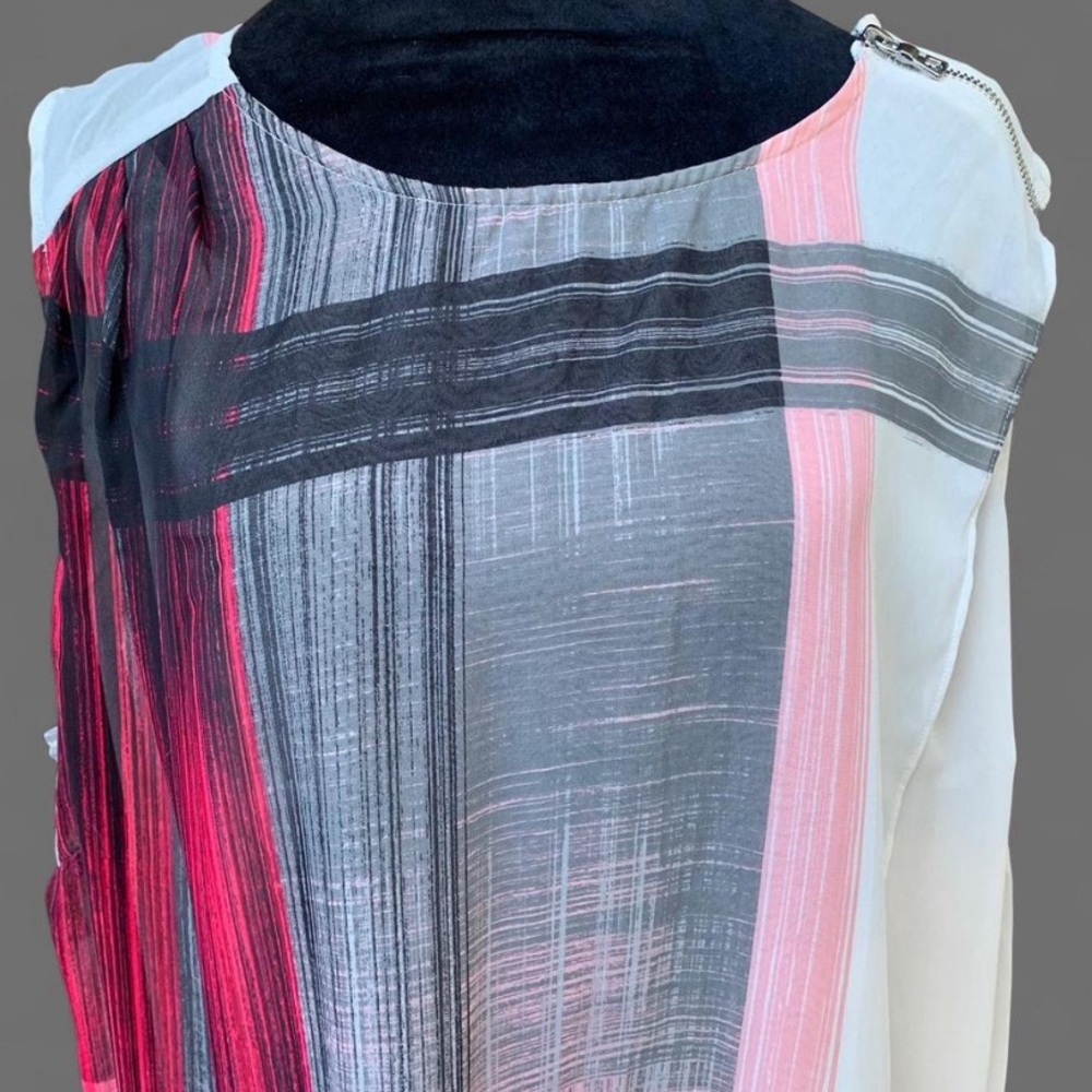 Modern Abstract Asymmetric Streetwear Pink and Black Sleeveless Faux Wrap Top - Picture 2 of 8